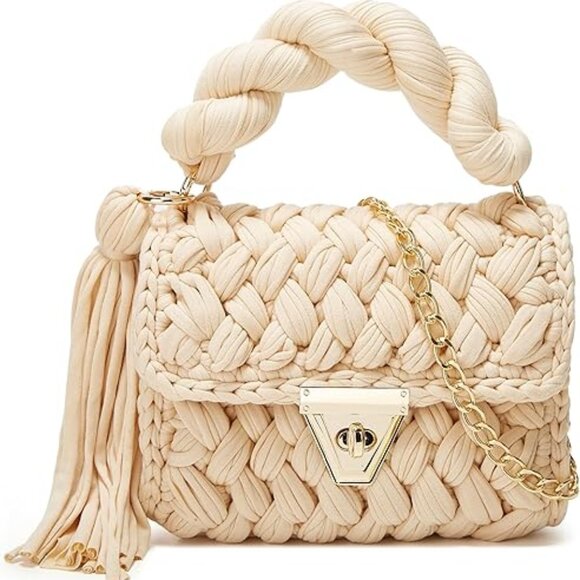 Neiman Marcus Beige Handwoven Yarn Knit Crochet Crossbody Bag
